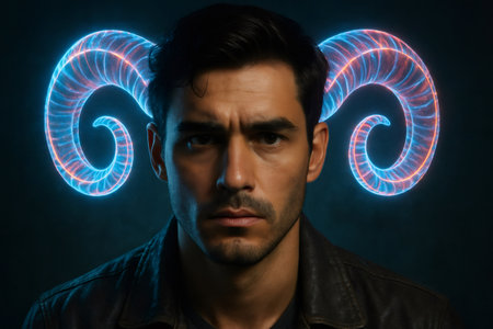 Portrait depicting a man with glowing ram horns, symbolizing the Aries zodiac sign, known for its determination and leadershipの素材