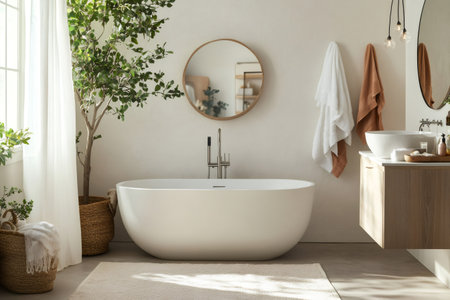 Bright, airy bathroom featuring a freestanding white bathtub, round mirror, and lush indoor plants, creating a serene and spa like atmosphereの素材