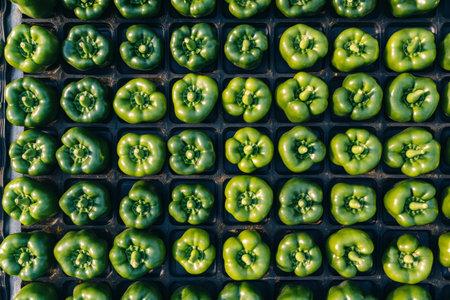 Neatly arranged rows of fresh green bell peppers in black plastic trays, showing organic harvest and healthy food conceptの素材