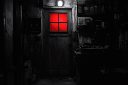Darkroom door featuring a glass panel illuminated by a vibrant red light, creating a moody, vintage atmosphere in a black and white interiorの素材