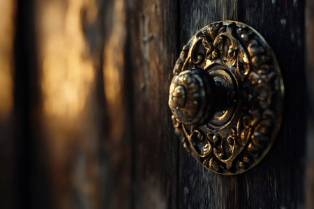 Elegant antique doorknob with intricate design on weathered wooden door surface, highlighted by warm evening lightの素材