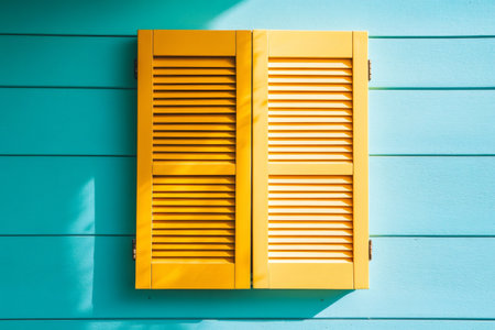Vibrant yellow shutters contrast against a turquoise wall, creating a bold minimalist architectural detail with strong color impactの素材