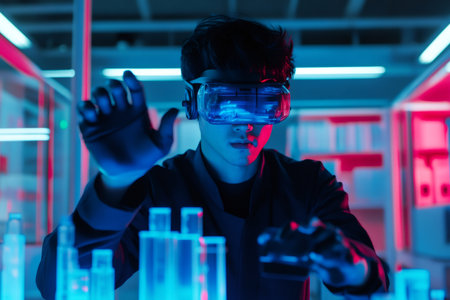 Young man wearing a virtual reality headset and haptic gloves, interacting with futuristic interfaces and holographic building modelsの素材