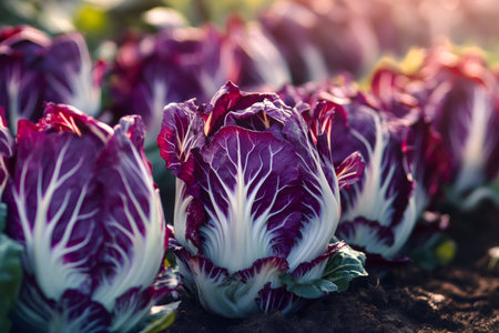 Fresh radicchio heads with vivid purple leaves and white veins flourishing in healthy soil under warm natural lightの素材