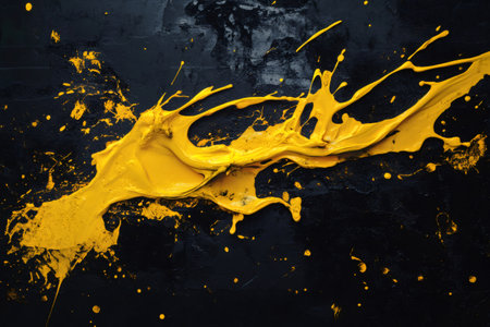 Yellow paint powerfully splashing and dripping across a dark gray textured surface, creating an abstract and dynamic visual compositionの素材