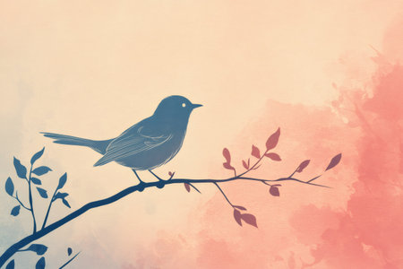 Small bird perching on a delicate branch with leaves, featuring a subtle watercolor background blending warm peach and soft blue tonesの素材