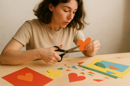 Woman meticulously cutting colorful paper hearts and other shapes with scissors, creating handmade decorations or greeting cardsの素材