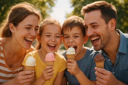 Happy family enjoying ice cream cones in a park, laughing and having fun together on a sunny dayの素材