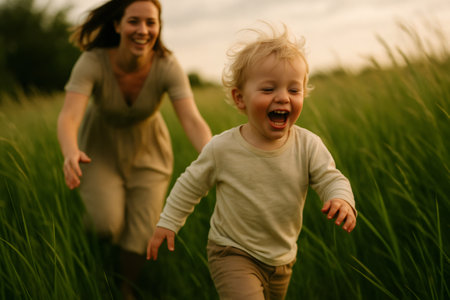 Happy mother and son running joyfully through tall grass, sharing laughter and creating cherished memories during a beautiful sunsetの素材