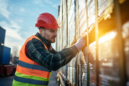 Logistics specialist checking secured cargo on a truck trailer. Concept of freight transportation, supply chain, and global shippingの素材