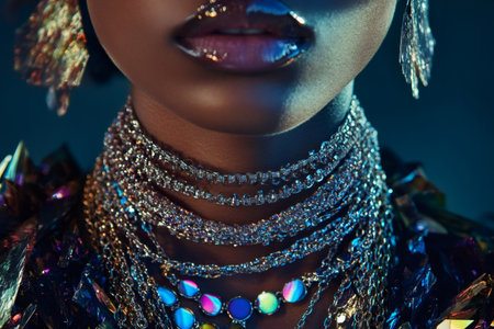 Close up of glamorous womans neck adorned with sparkling chokers, bold earrings, and iridescent statement jewelry in studio lightの素材