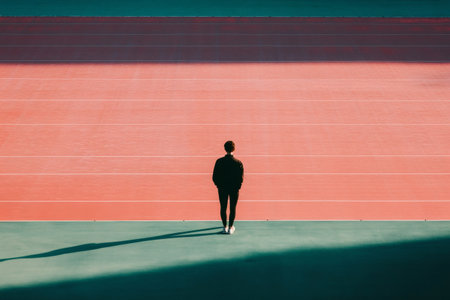 Silhouette of a young athlete standing on a running track, casting a long shadow, contemplating upcoming competitions and personal goalsの素材