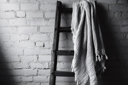 Rustic wooden ladder with a woven blanket draped over it, standing against a distressed white brick wall. Black and whiteの素材