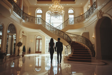 Elegant couple walking through the entrance hall of a luxury mansion, accompanied by a real estate agentの素材