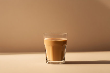 Warm sunlight illuminating a glass of chai latte on a table, creating a cozy and inviting atmosphereの素材