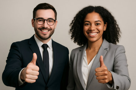 Happy multi ethnic business team showing thumbs up gesture, expressing agreement and positive feedback, recommending service or celebrating successの素材