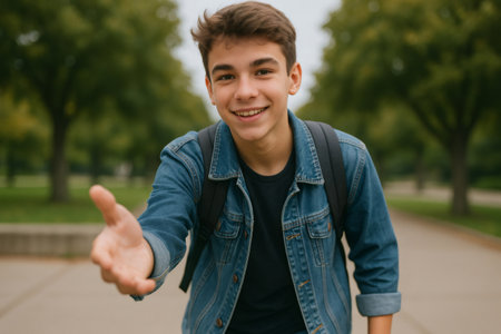 Friendly high school student extending hand for a handshake, offering help or showing hospitality in a campus parkの素材
