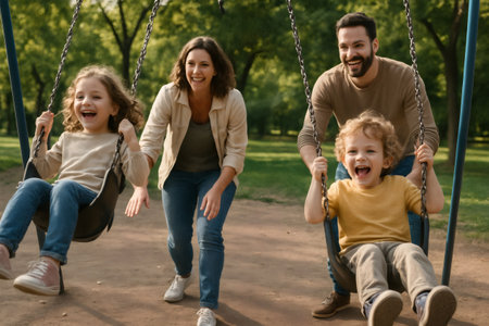 Parents pushing cheerful children on swings, sharing joyful moments and creating lasting memories in a sunny park settingの素材