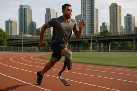 Young determined male athlete with prosthetic leg running on track in urban environment, showing resilience and overcoming challengesの素材