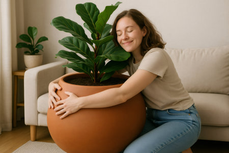 Young woman embracing potted fiddle leaf fig tree, enjoying connection with nature in cozy home environmentの素材
