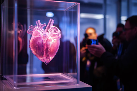 Glowing 3D printed heart on display inside a transparent box, sparking interest among visitors at a technological exhibitionの素材