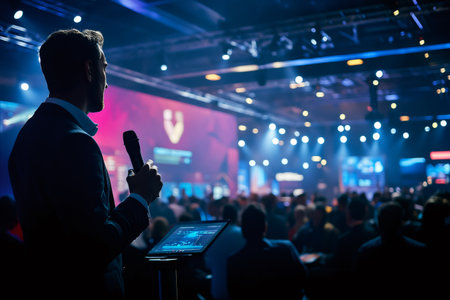 Businessman giving a presentation at a conference, holding a microphone and addressing a large audienceの素材