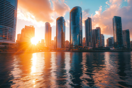 Modern skyscraper buildings reflecting in calm water at sunset, capturing urban landscape with warm sun rays and cloudy skyの素材