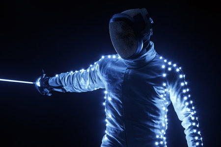 Fencer in glowing gear striking pose with sword, futuristic illuminated suit and mask, symbolizing technology in sportsの素材