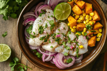 Peruvian ceviche seafood dish presenting fish, red onions, sweet potatoes, corn, and cilantro with limeの素材