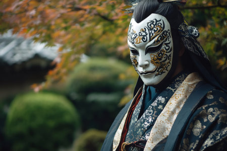 Japanese actor wearing a traditional costume and mask during a theatrical performance in a japanese gardenの素材