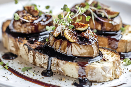 Gourmet foie gras appetizers with fresh figs, delicate microgreens, and a rich balsamic glaze on toasted breadの素材