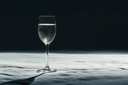 Glass of sparkling water casting a long shadow on pristine snow, set against a dark background, evokes a sense of winter eleganceの素材