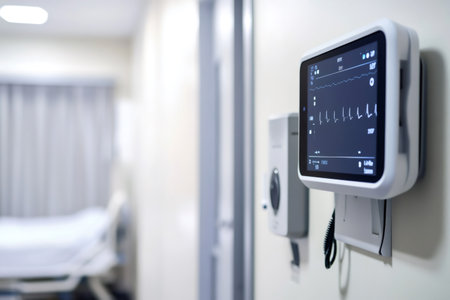 Medical monitor displaying patient vital signs, including heart rate and ECG, mounted on a hospital wall with an empty bed in backgroundの素材