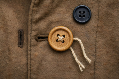Close up of a handmade wooden button replacing a lost button, sewn with twine on a wool coat, showing a sustainable repairの素材