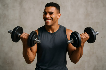 Happy athlete lifting two dumbbells during weightlifting workout, showing his muscles and smilingの素材