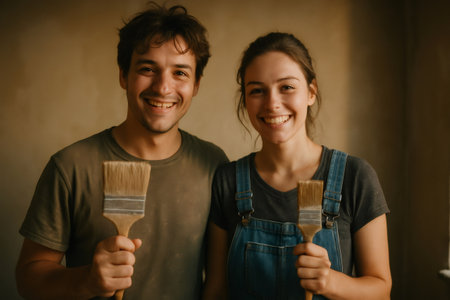 Two cheerful painters holding paintbrushes and smiling while working on their apartment renovation project, enhancing their living spaceの素材