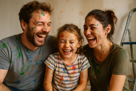 Family having fun renovating house, laughing with paint splatters on faces and clothes, enjoying home improvement project togetherの素材