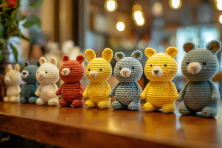 Crocheted amigurumi animals displaying a variety of colors, meticulously handmade and arranged on a polished wooden surfaceの素材