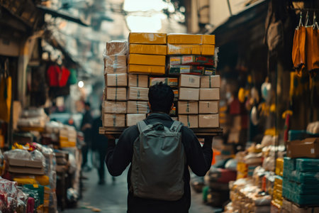 Courier navigating a busy market street, carrying a tall stack of packages on head and shoulders, showing daily urban commerceの素材