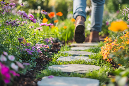 Legs of person in blue jeans and brown boots stepping on a stone pathway surrounded by colorful flowers and green grassの素材