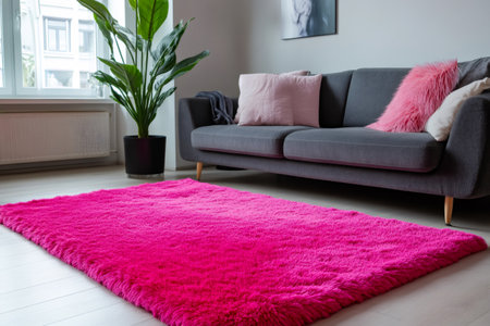 Bright pink plush rug centered on a light floor, adding a vibrant accent to a contemporary living space with a gray sofa and plantの素材