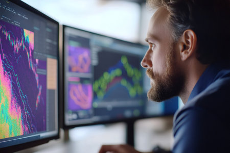 Data scientist working on a computer, analyzing weather forecasting models and complex graphs on multiple monitors in an officeの素材