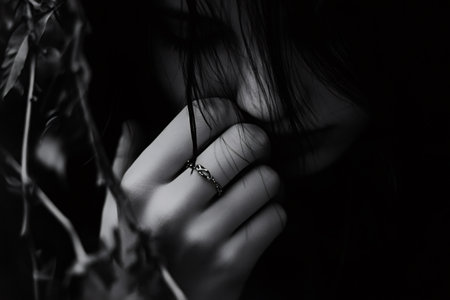 Young woman thinking with hand near face, wearing ring with infinity symbol, dark hair falling, black and white moodの素材