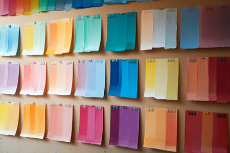 Paint swatches showing various color gradients organized on a cork board, demonstrating artistic color palettes and design choicesの素材