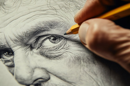 Hand creating a detailed pencil drawing of an aged face, focusing on the eye and wrinkles, showing artistic skillの素材