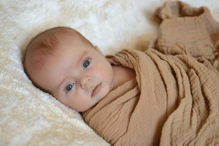 Adorable newborn baby wrapped in a warm, cozy swaddle blanket, creating a feeling of comfort, love, and new beginningsの素材