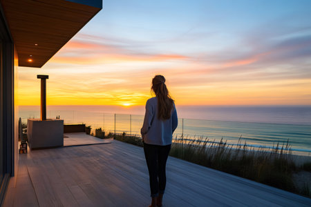 Woman realtor admiring colorful sunset from modern terrace of upscale beach house, showcasing luxurious lifestyle and real estate investmentの素材