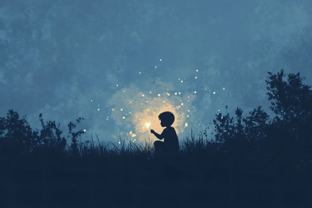 Silhouette of a child holding a sparkler surrounded by fireflies, creating a magical atmosphere at twilightの素材