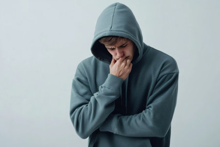 Young man in a hoodie covering mouth with hand, experiencing common cold or allergy symptoms, feeling sick and unwellの素材