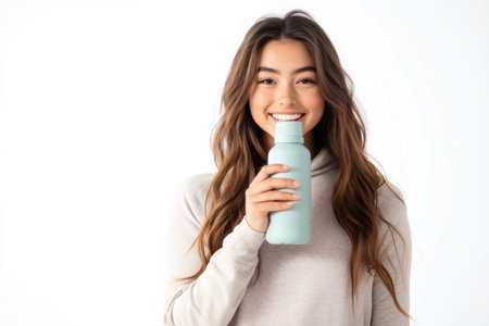 Young woman smiling, holding a light blue reusable water bottle, reflecting concepts of hydration, wellness, and sustainabilityの素材